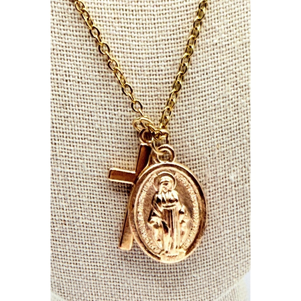 Gold Tone Cross Miraculous Medal Necklace 20 Inch Religious Jewelry